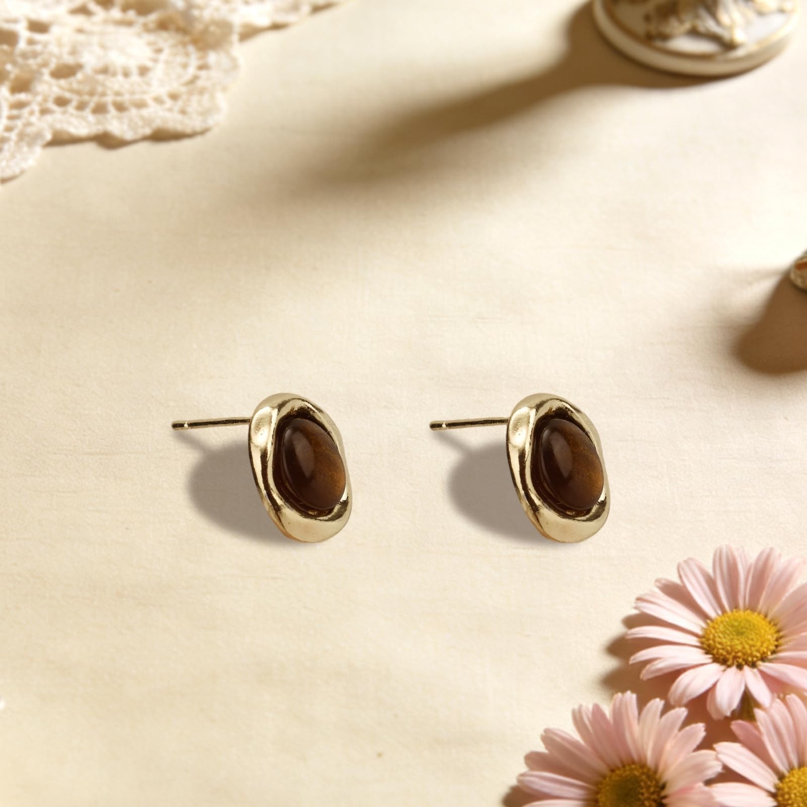 Mikovivi Tiger Eye Stud Earrings, Vintage Medium, Zinc Alloy