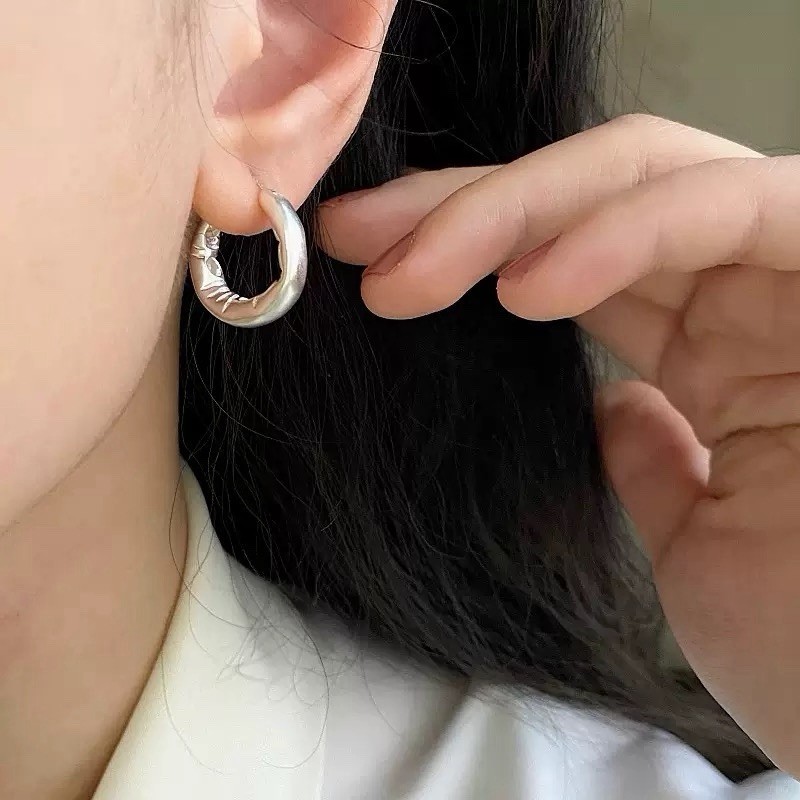 925 Silver Wrinkled Chunky Hoop Earrings Organic Huggie Hoops for women 243