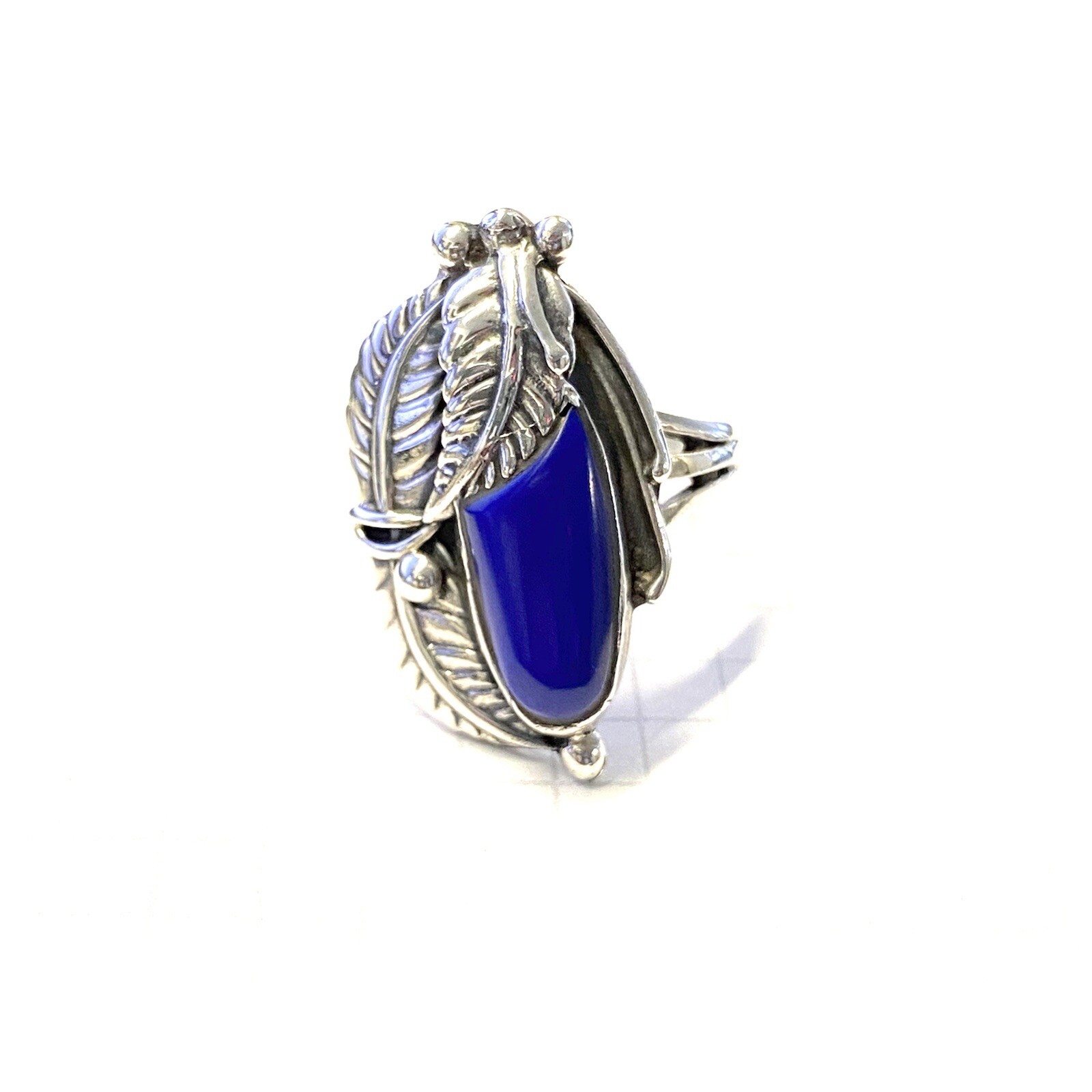 (SIZE 5,6,8,9) LAPIS LAZULI Stone RING Carved Feathers 925 STERLING SILVER
