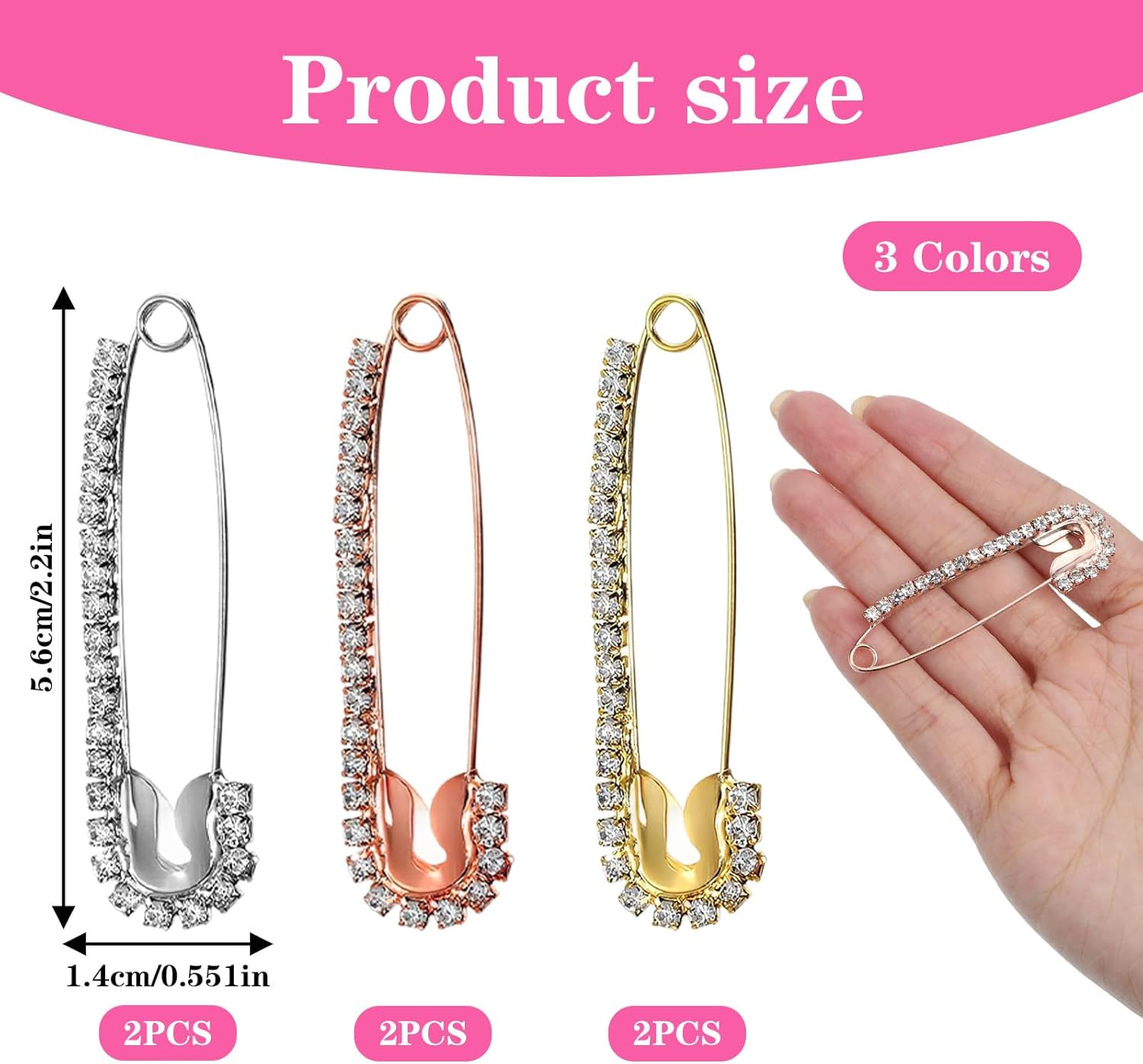 6 Pcs Rhinestone Safety Pins, Fancy Safety Pins for Clothes, Faux Crystal Brooch