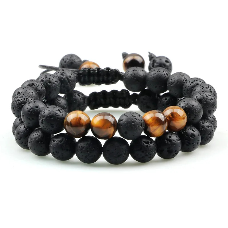 Handmade Adjustable Braided Bracelet Black Lava Stone Crown Tiger Eye Beads