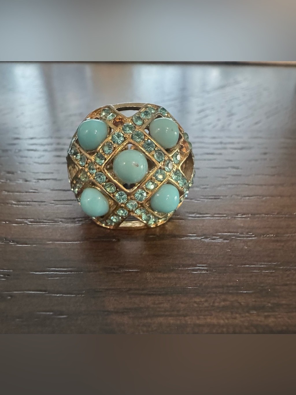 Stretch Statement Ring Blue Cabochon & Rhinestone Gold Tone Adjustable Size 7.5–