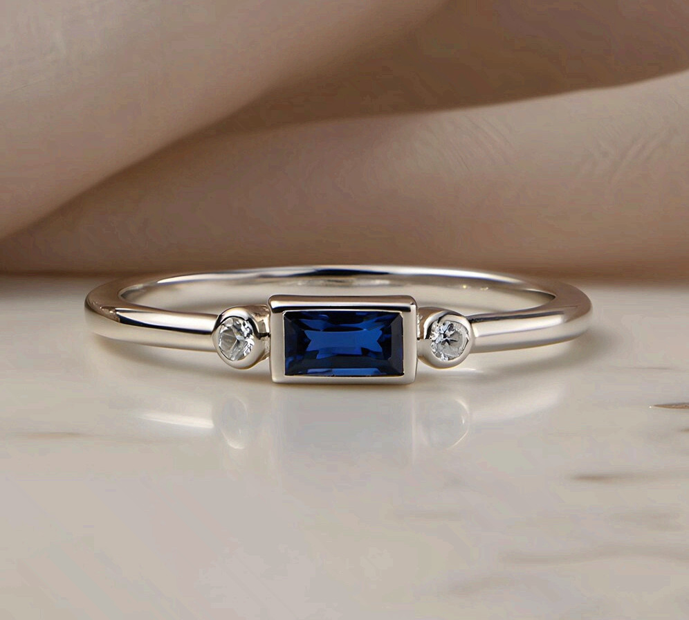 Silver Copper Minimalist Ring Blue Cubic Zirconia Baguette Band