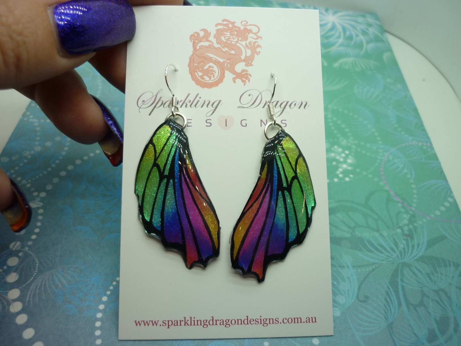 Butterfly Wing Earrings Green Purple Rainbow – Fairy Jewellery, Fun Gift for