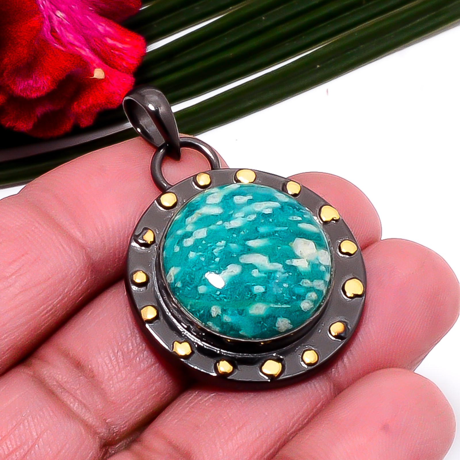 Amazonite – Colorado Mines Gold Plated 925 Sterling Silver Pendant 1.64″ Sku5