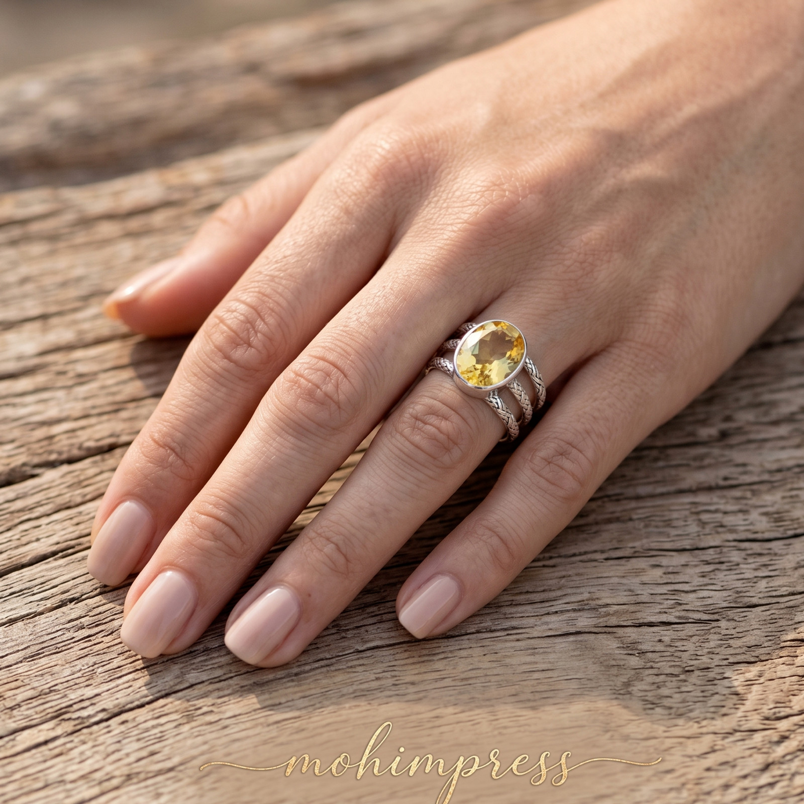 925 Sterling Silver Natural Citrine Three-Band Textured Ring