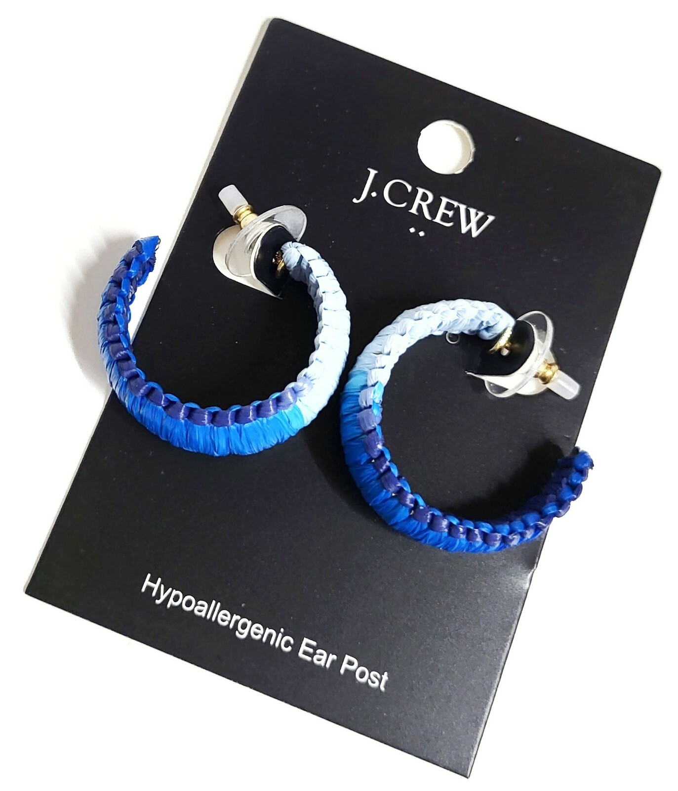 J.Crew Factory Raffia Wrapped Hoop Earrings Blue Ombre Multi Hypoallergenic NWT