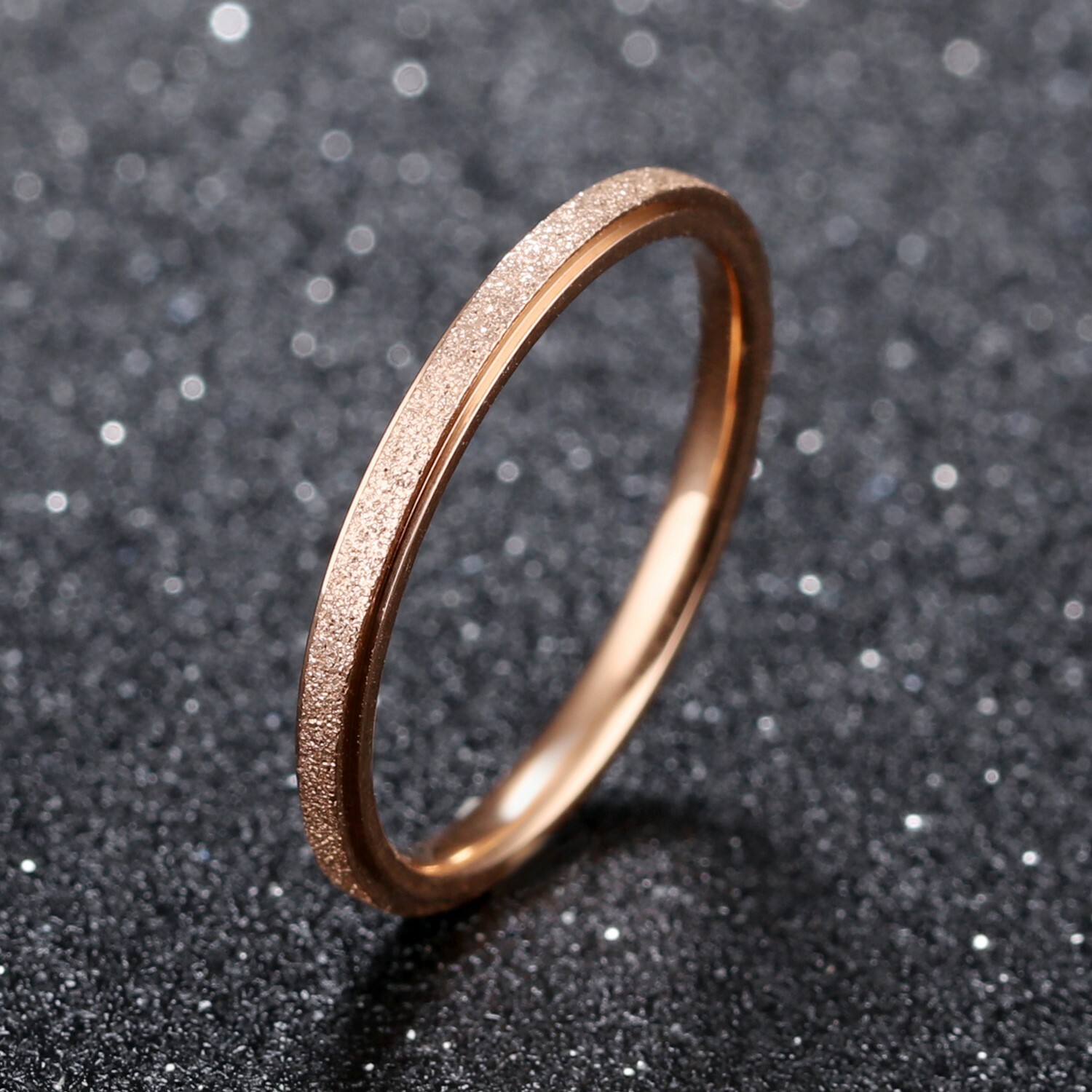 Stainless Steel 2mm Thin Sand Blasted Band Ring Size 4-8 Rose Gold Plated-Silver