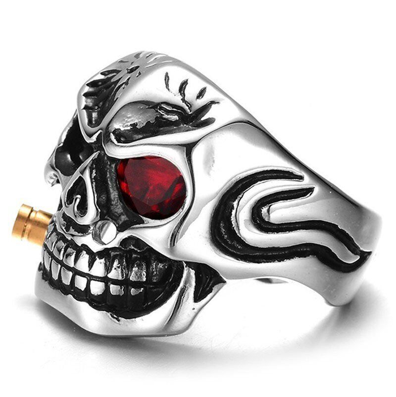 MENDEL Goth Mens Biker Punk CZ Smoking Skull Ring Men Stainless Steel Size 7-15