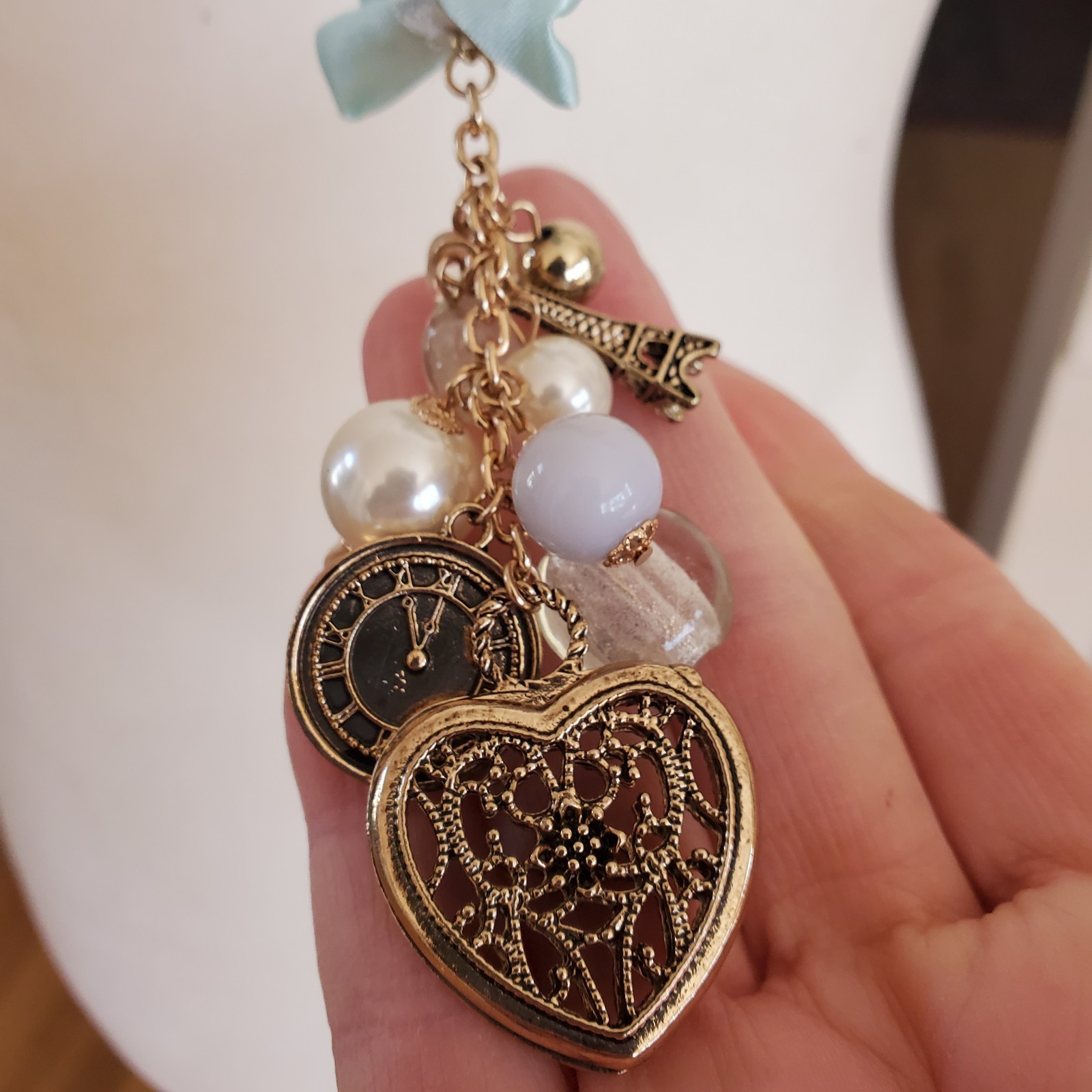 Paris Icons Long Necklace Goldtone – Musee d’Orsay Clock & Eiffel Tower – Heart