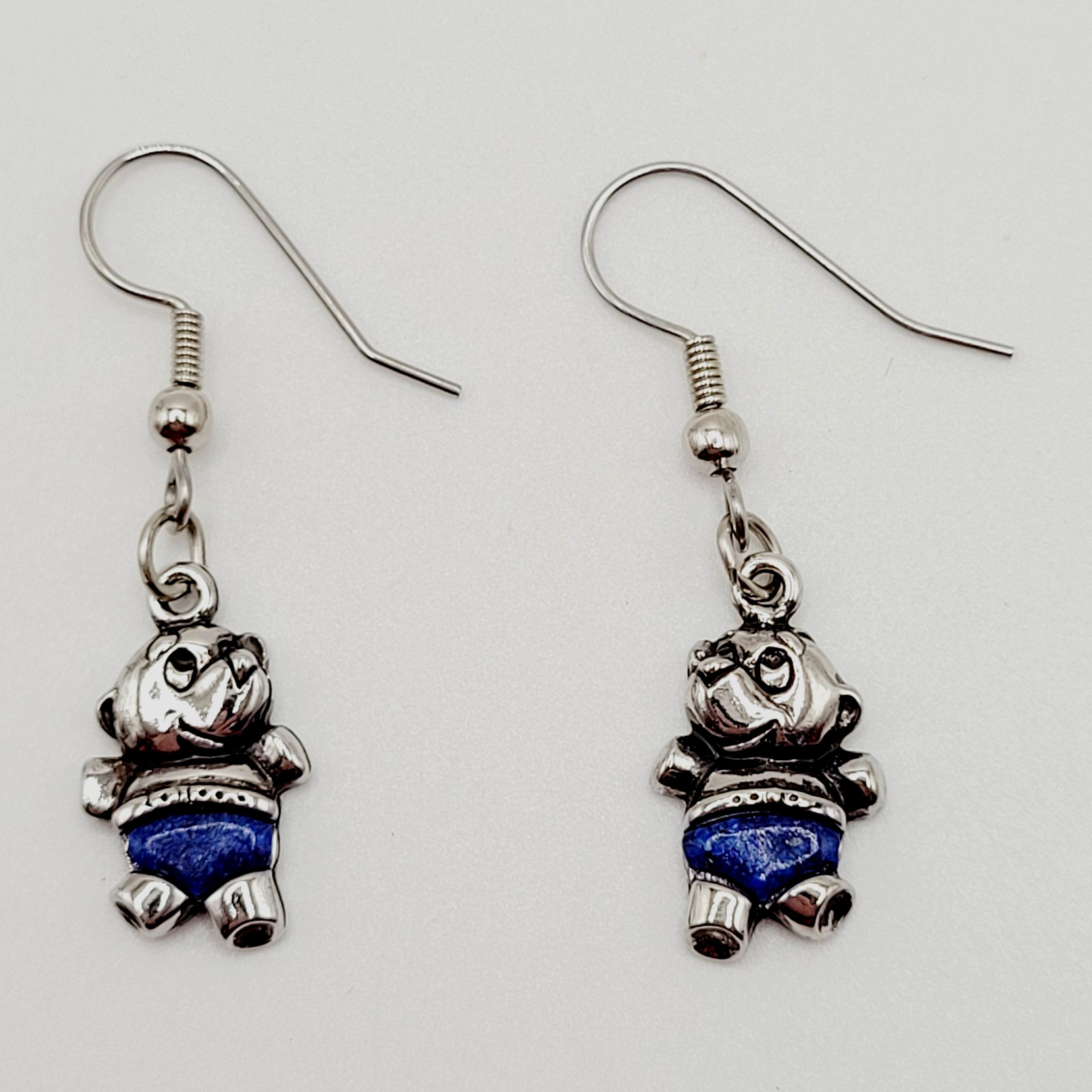 SW Waldeck Johnson Teddy Bear Lapis Lazuli Silver Tone Pierced Hook Earrings