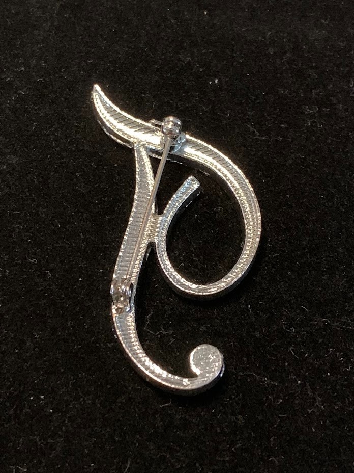 Initial Pin Brooch Silvertone with Rhinestones Letter “T”