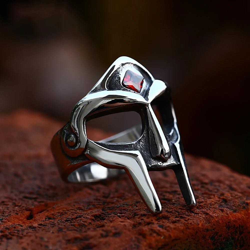 Gothic Vintage MF DOOM Mask Ring Stainless Steel Red Stone Punk Biker Jewelry Me