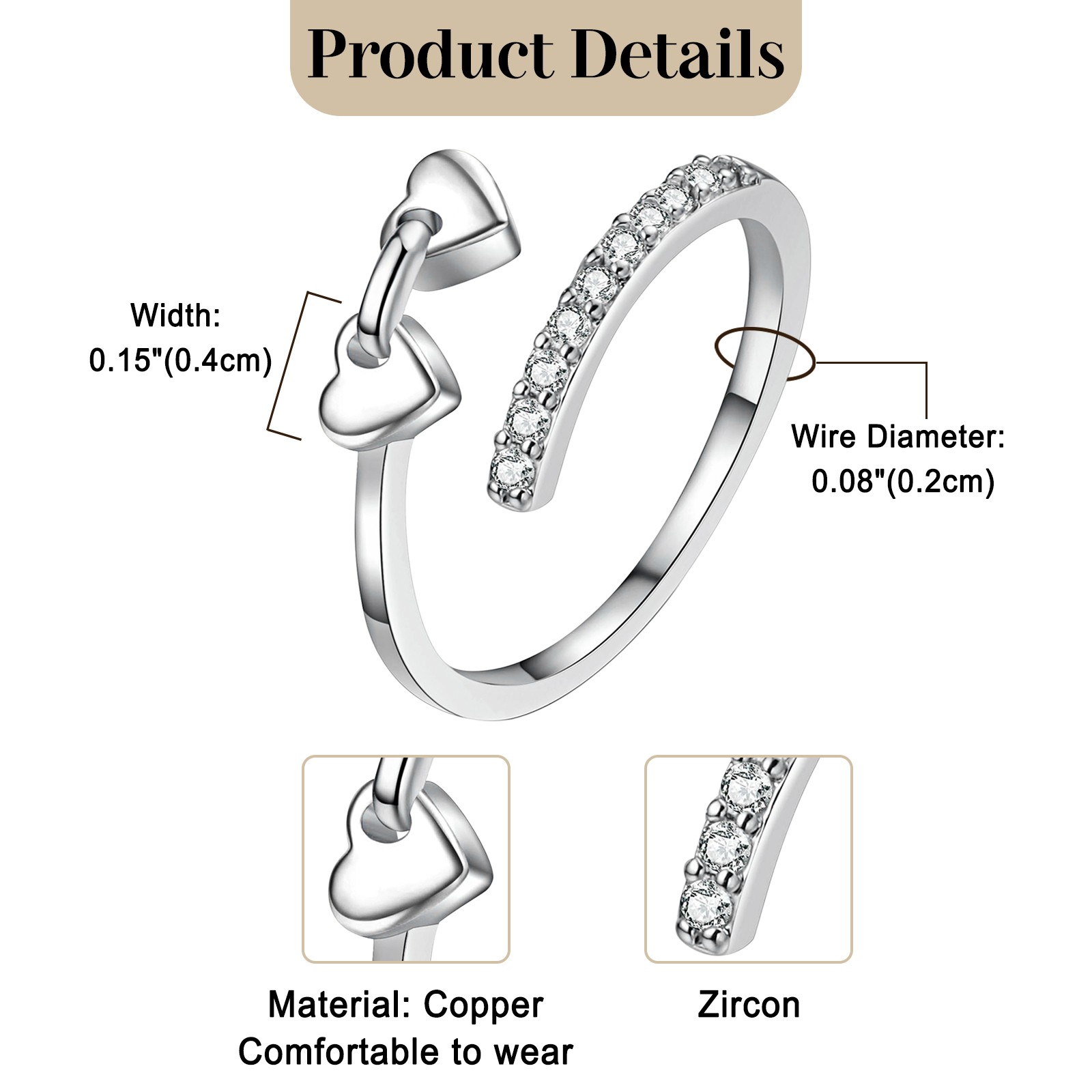 Women’s Cubic Zirconia Heart Ring Adjustable Open Stackable Anniversary Ring