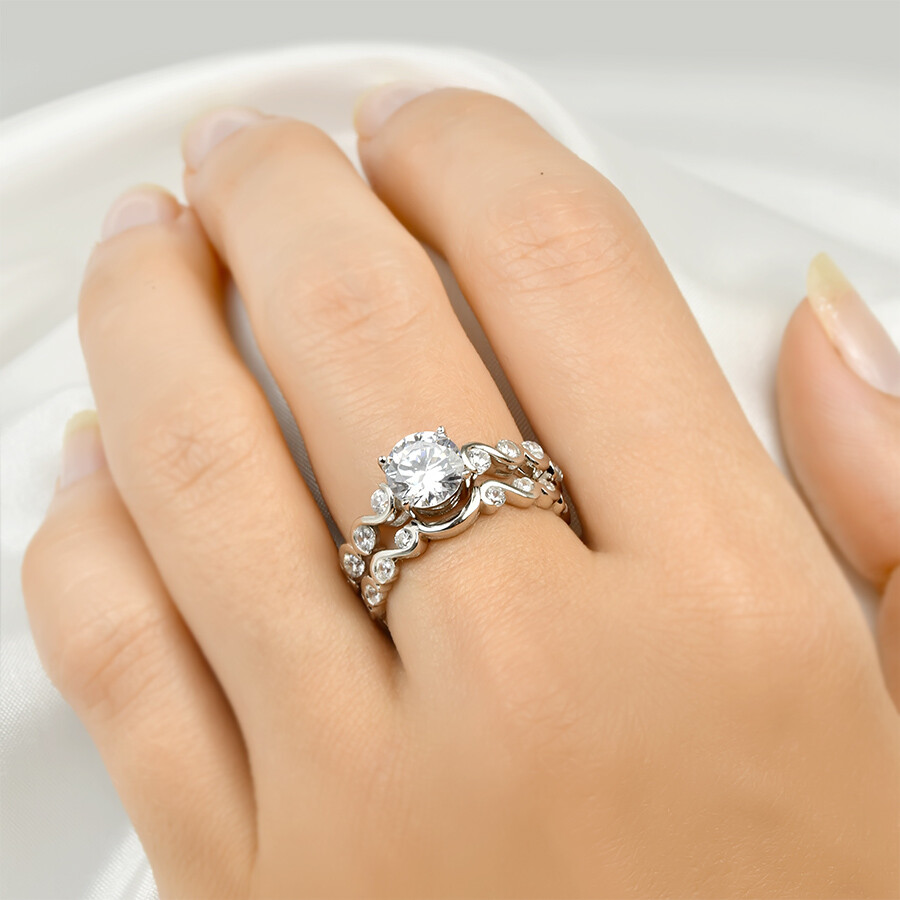 Womens Classic Round Cut 2.8 CT Bridal Engagement Ring Set Real Silver Size 5-9