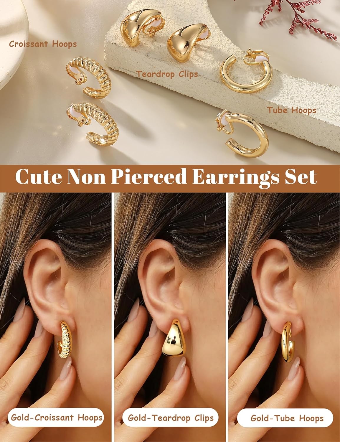 Gold Clip on Earrings for Women Hypoallergenic – 14K Gold Plated Chunky Tube Cro