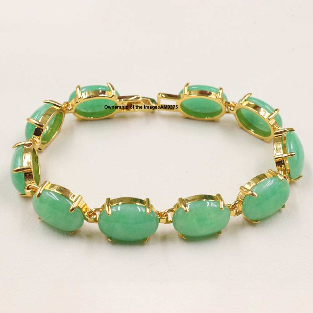 18K Gold Plated Alloy Heated Green Jade Oval Gemstone Bracelet Gift 7.08INCH