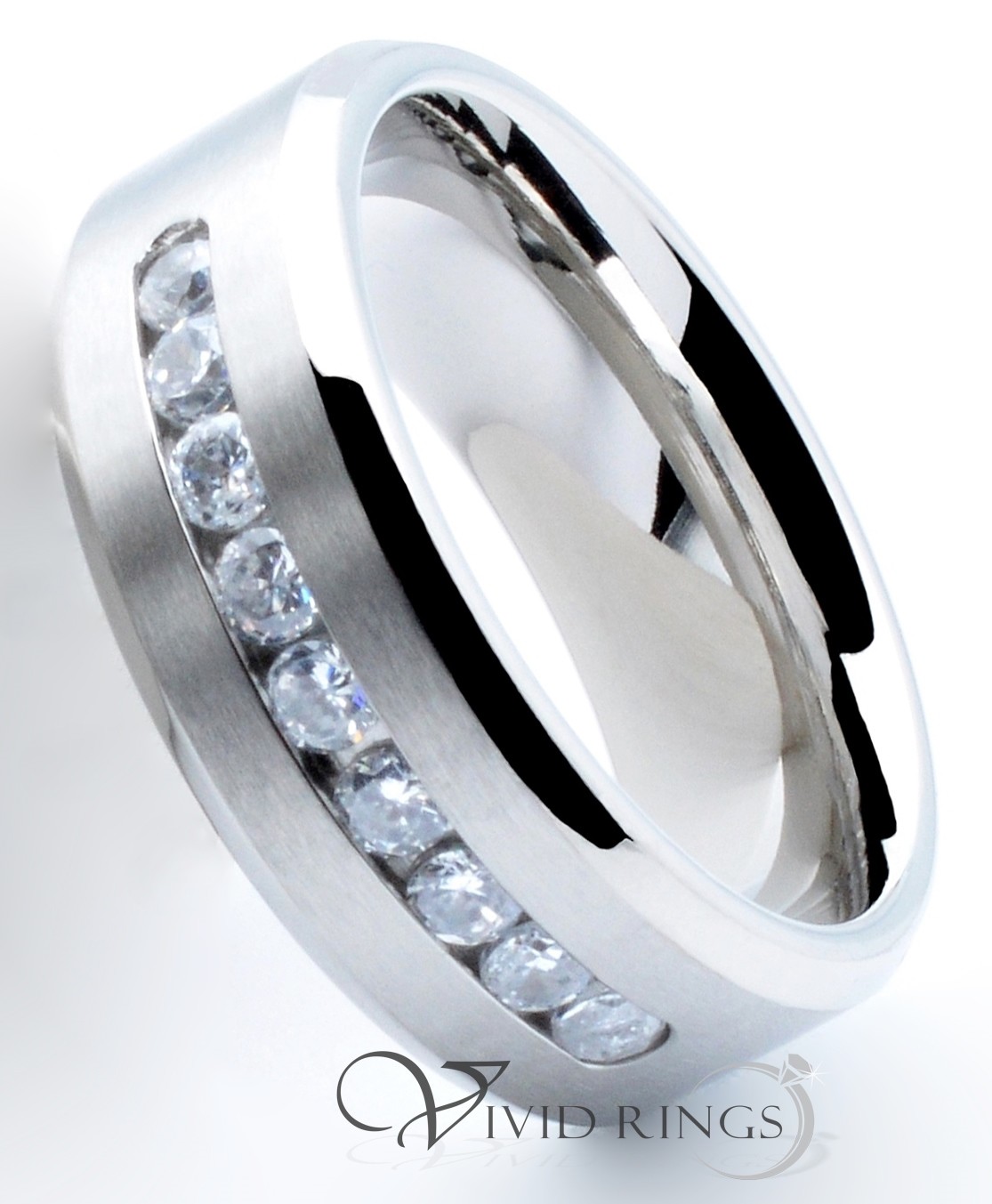 Men Stainless Steel Ring 9 CZ Band Flat Brushed 8mm Band, Size 7 to 14.5