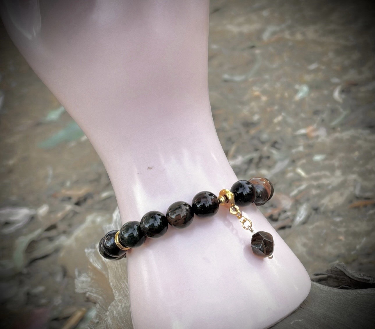Tiger’s Eye Gemstone Beaded Stretch Bracelet w/ Dangle Charm, Stackable