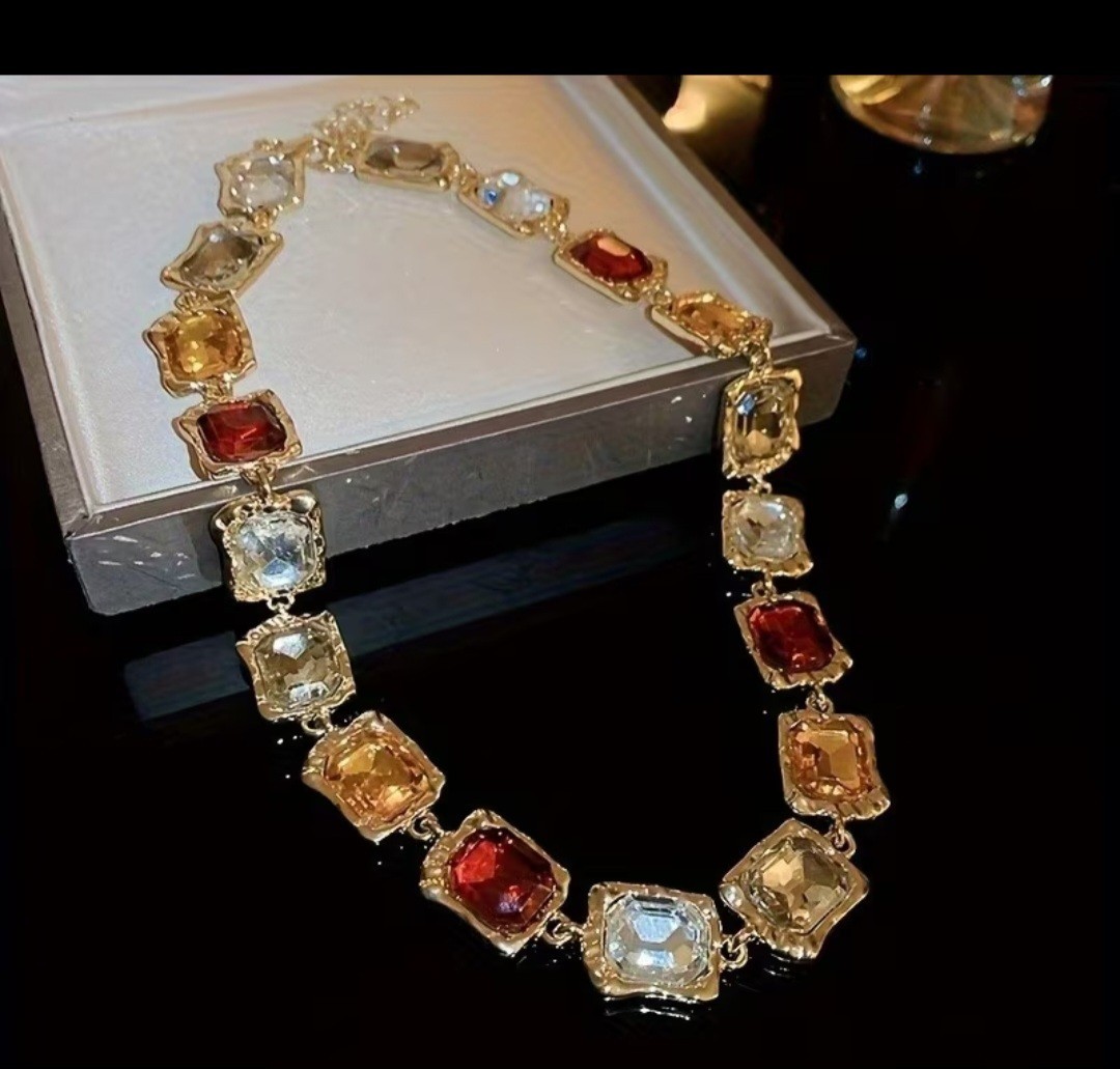 Gold Tone Multicolor Cushion Crystal Necklace & Dangle Earrings Jewelry Set