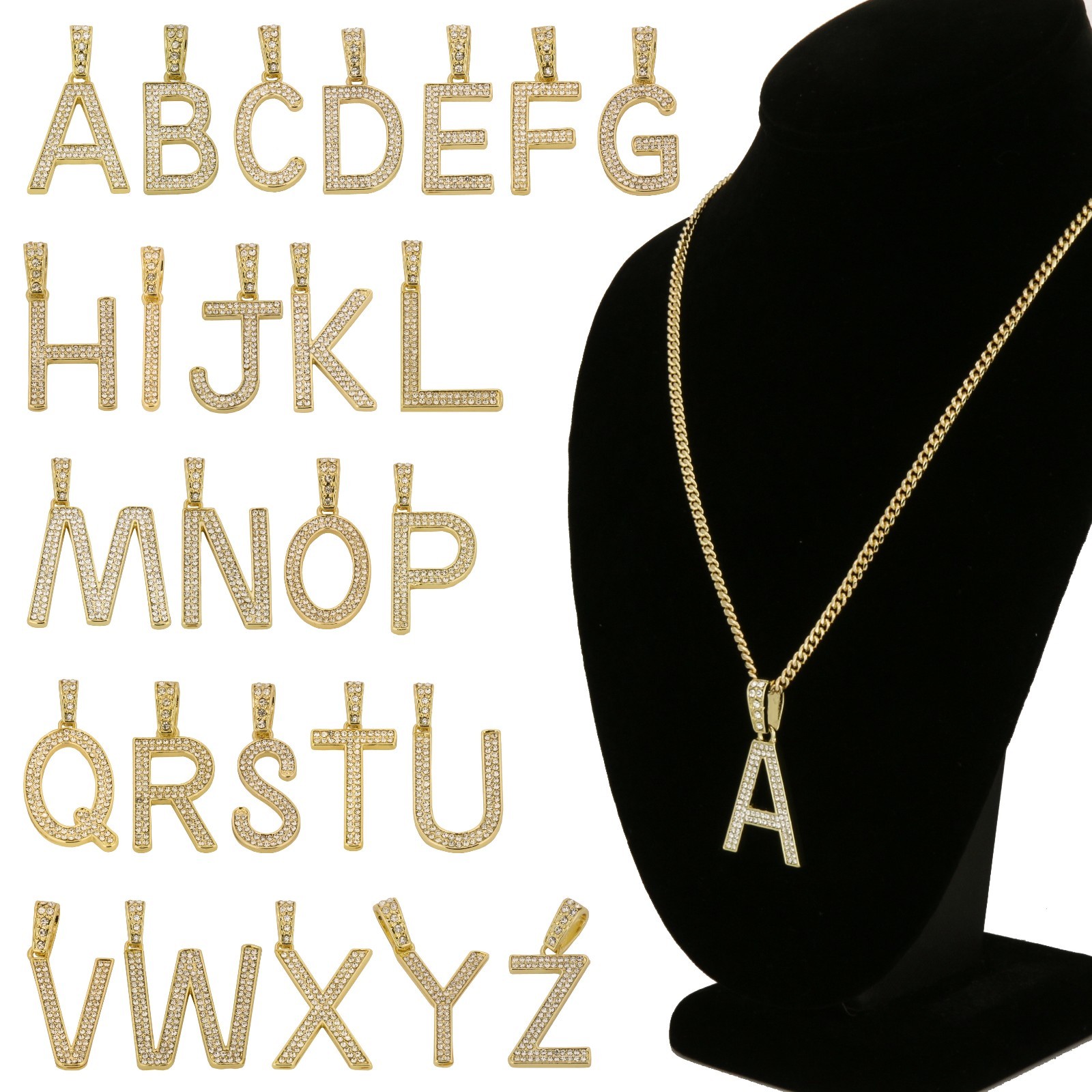 Alphabet Letter Pendant 3mm 24″,27″ & 30″ Cubic-Zirconia Cuban Chain Gold Plated