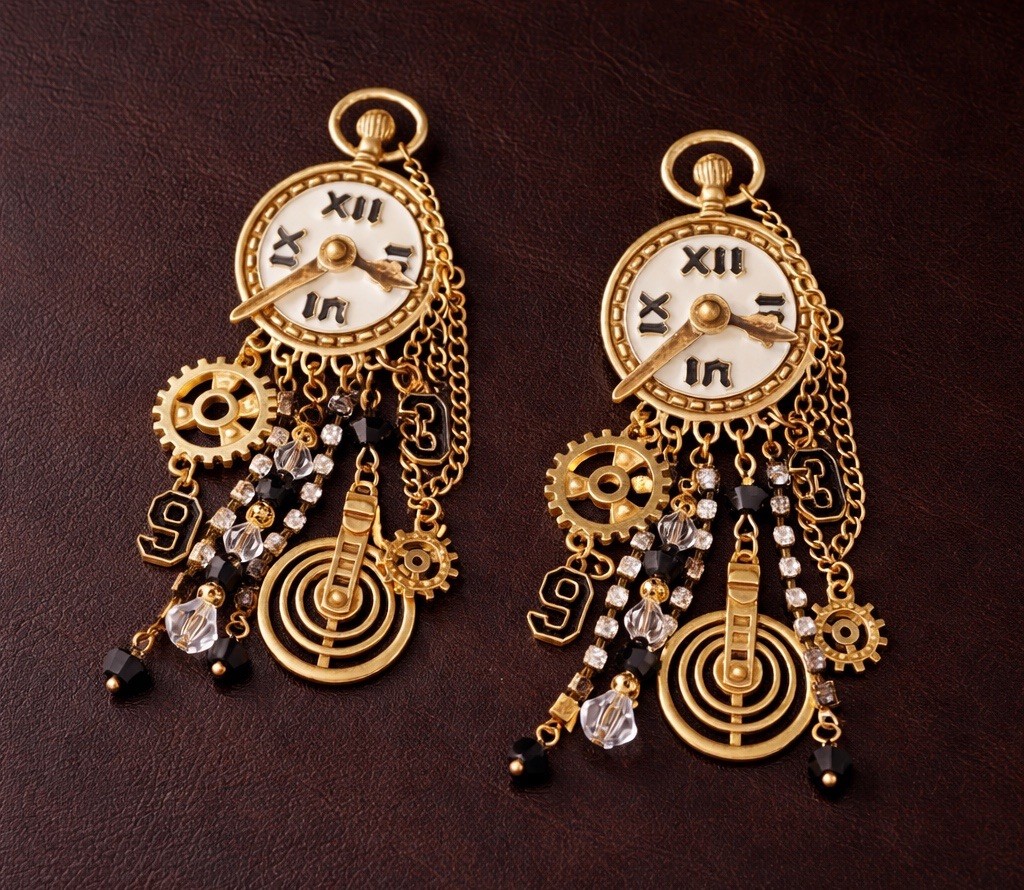 Museum Retro Clock Earrings Gold Chain CZ Steampunk Statement Art Boho Gear VTG