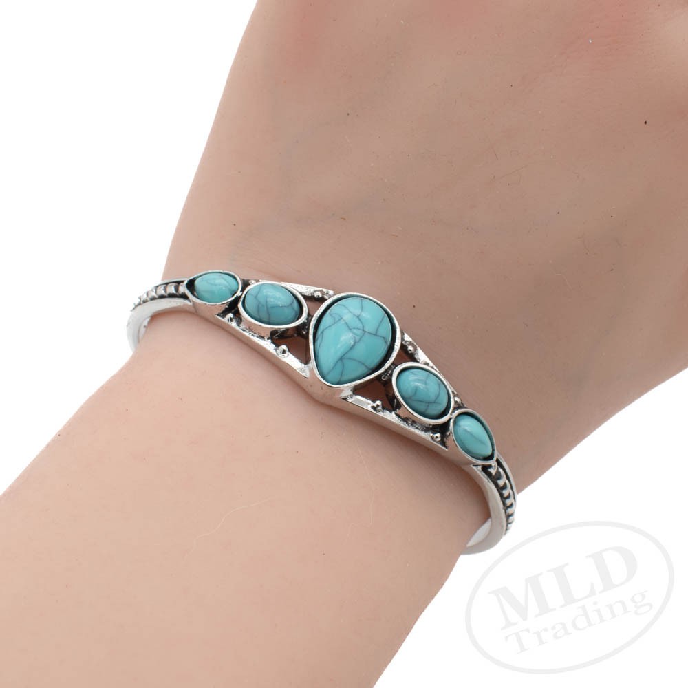 Turquoise Cuff Bracelet – Alloy Silver Tone Natural Stone Southwestern Style