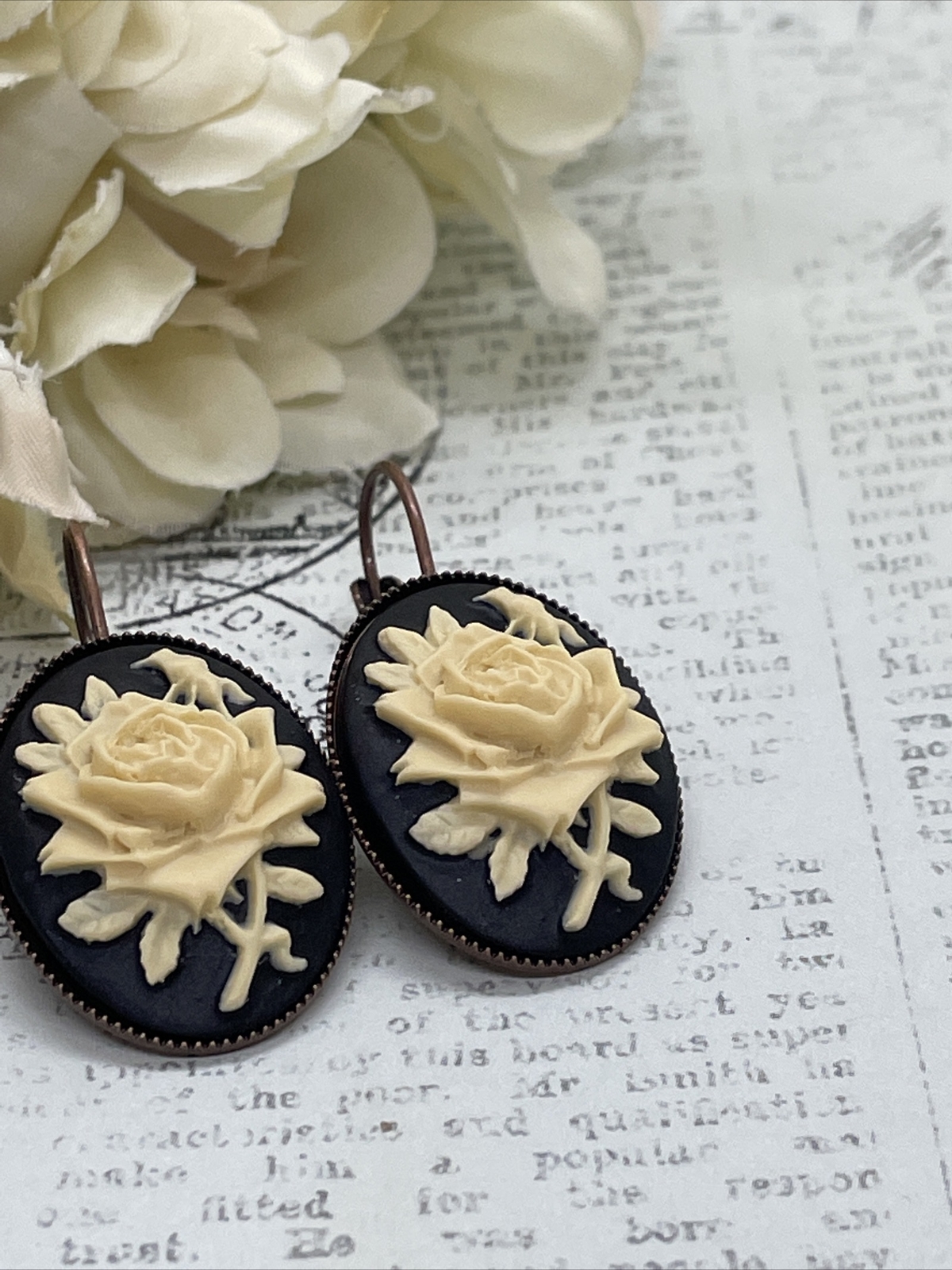 Rose Gold Brass Cream & Black Victorian Anniversary Earrings Cameo Birthday Gift