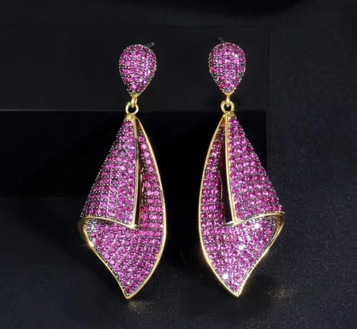 18k Gold Plated Lab-Created Pink Sapphire Drop Earrings Christmas Jewelry Gift
