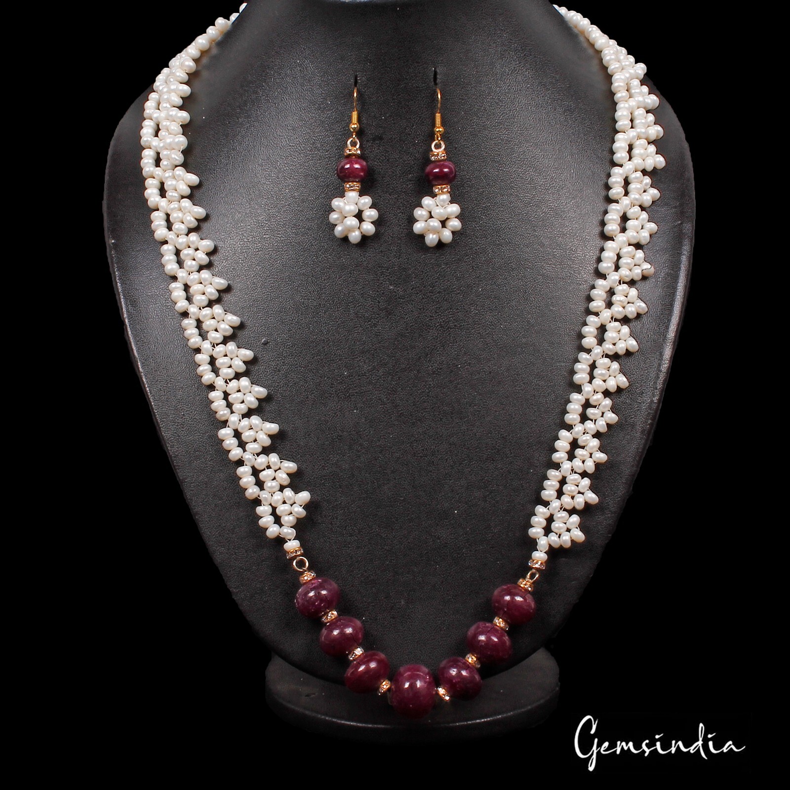 450 Ct Natural Freshwater Pearl & Ruby Beaded Handmade Necklace & Earrings 24″