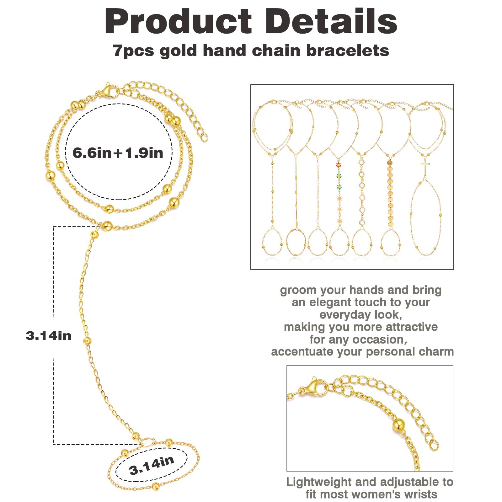 7Pcs Adjustable 14K Gold Plated Hand Chain Bracelets for Women, Stackable Dainty