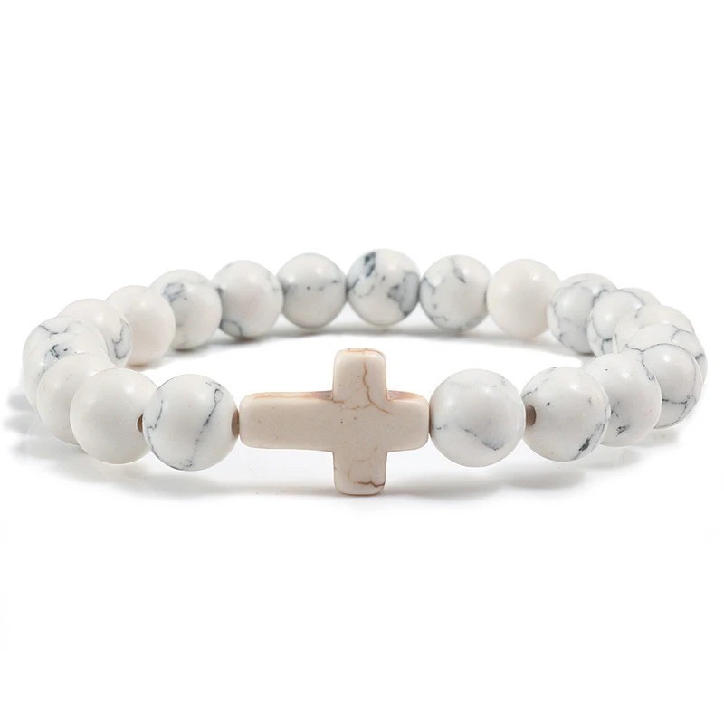 Cross Beaded Bracelet Natural Stone Handmade Men Women Prayer Gift