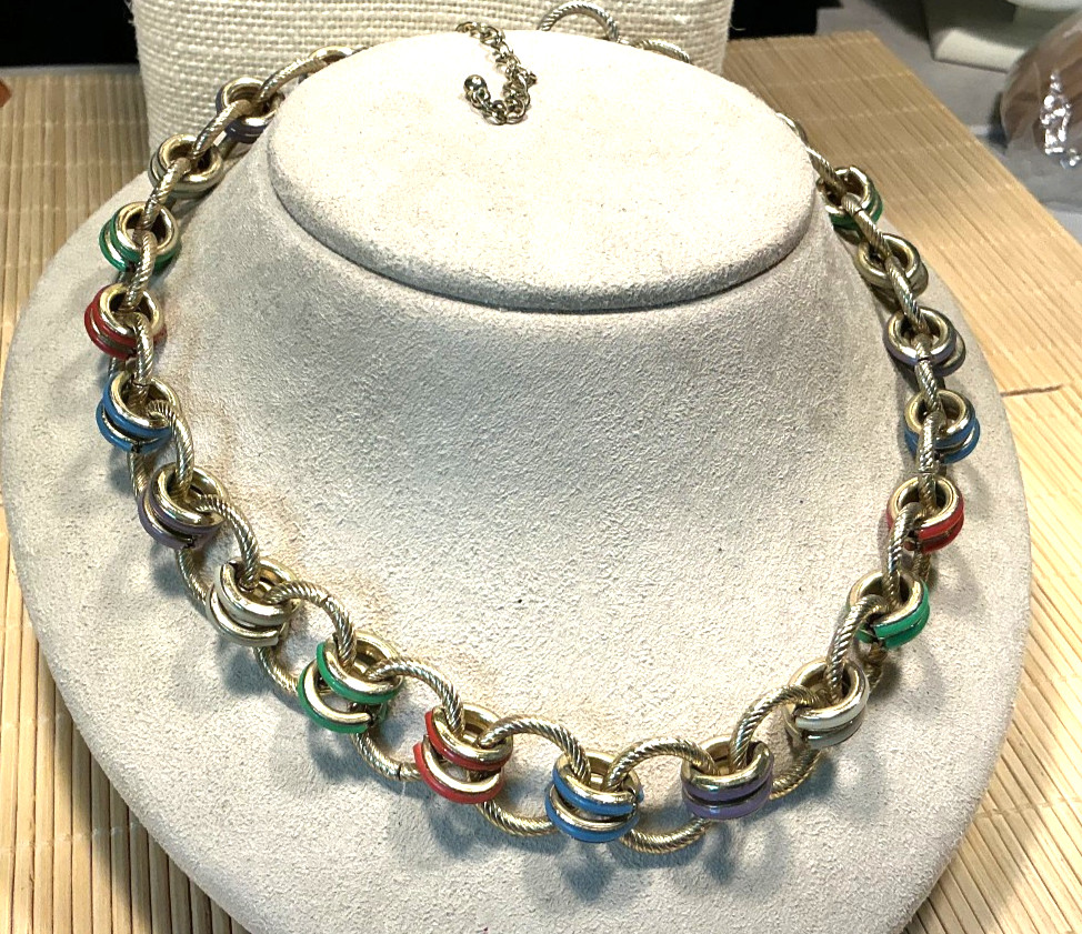 Fashion Necklace Gold Tone Multi Color Enamel Loops Thick Metal Chain Lot 103C