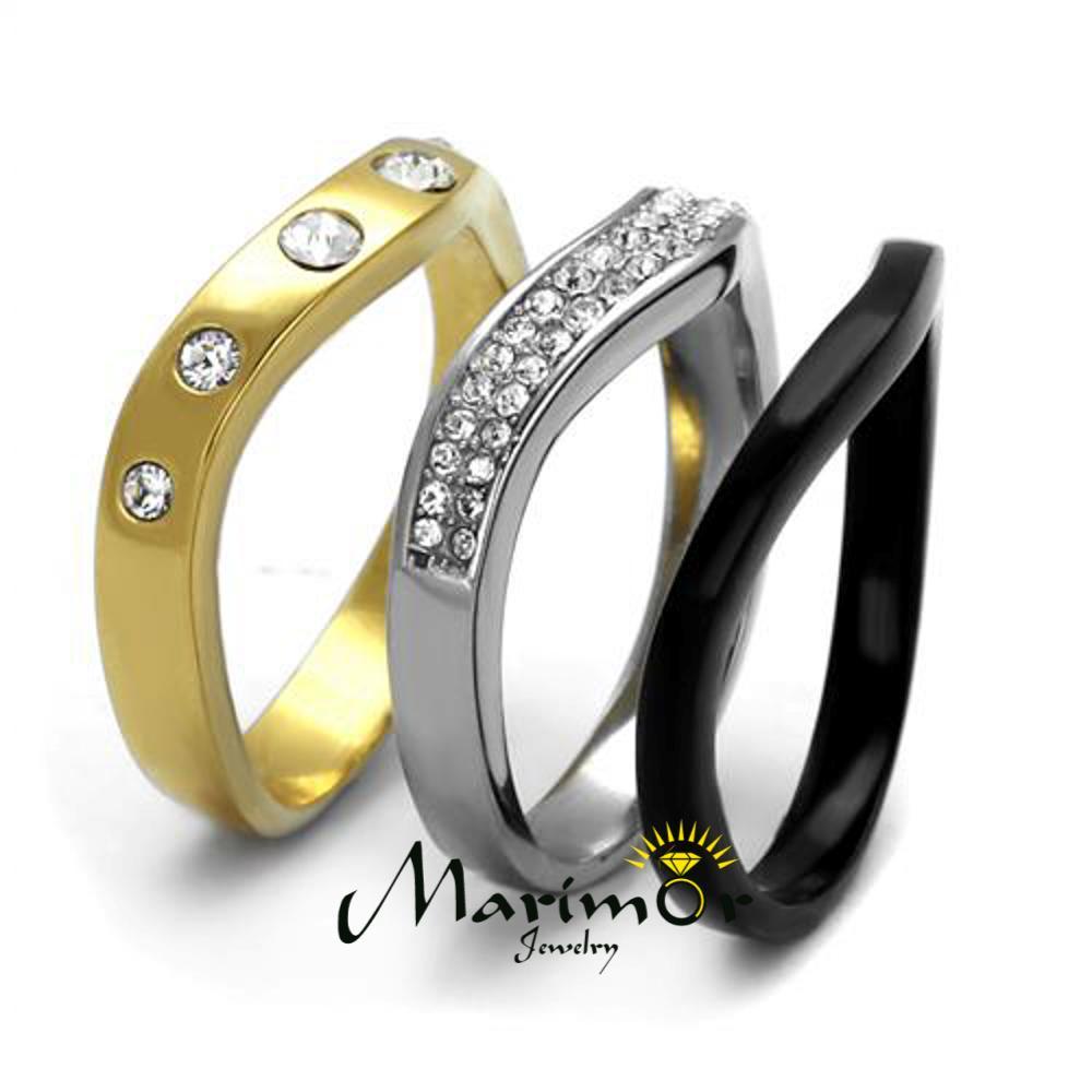 Silver Black & Gold Ion Plated Stainless Steel Crystal Fashion Ring Women’s 5-10