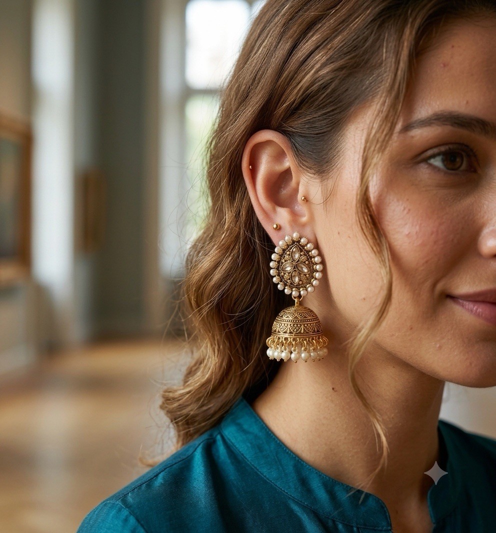 Women Jhumka earrings with Pearl Tassels Gold Color Traditional Jewelry