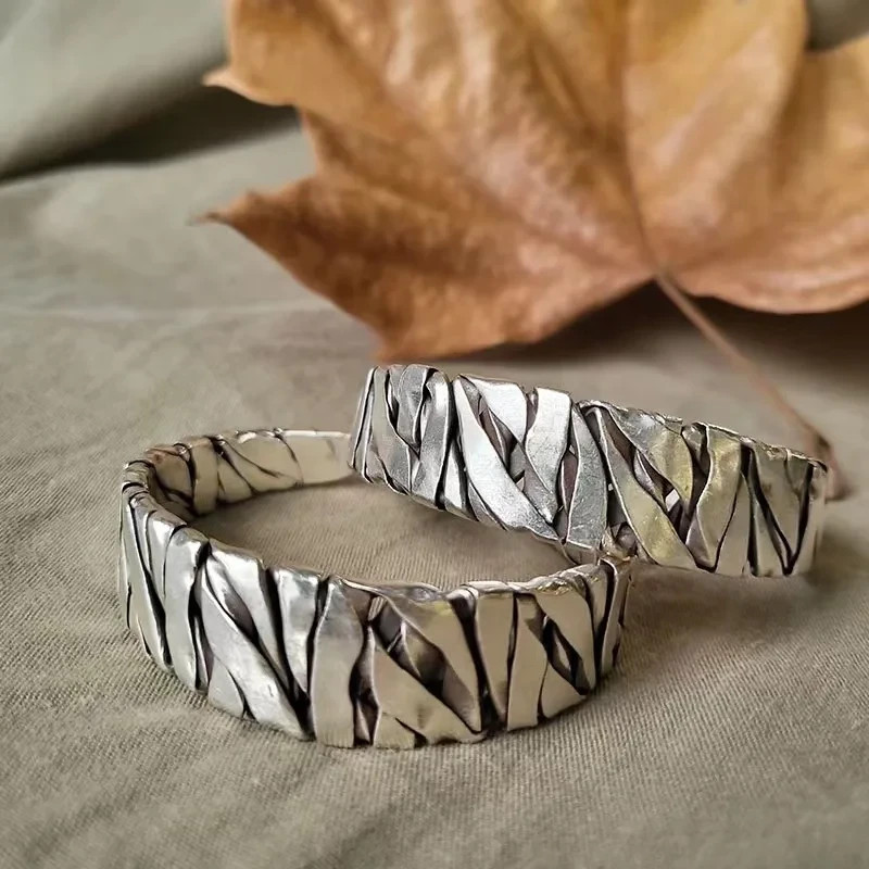 Retro C-Shaped Braided Alloy Cuff Bracelet Silver Color Men Fashion Jewelry