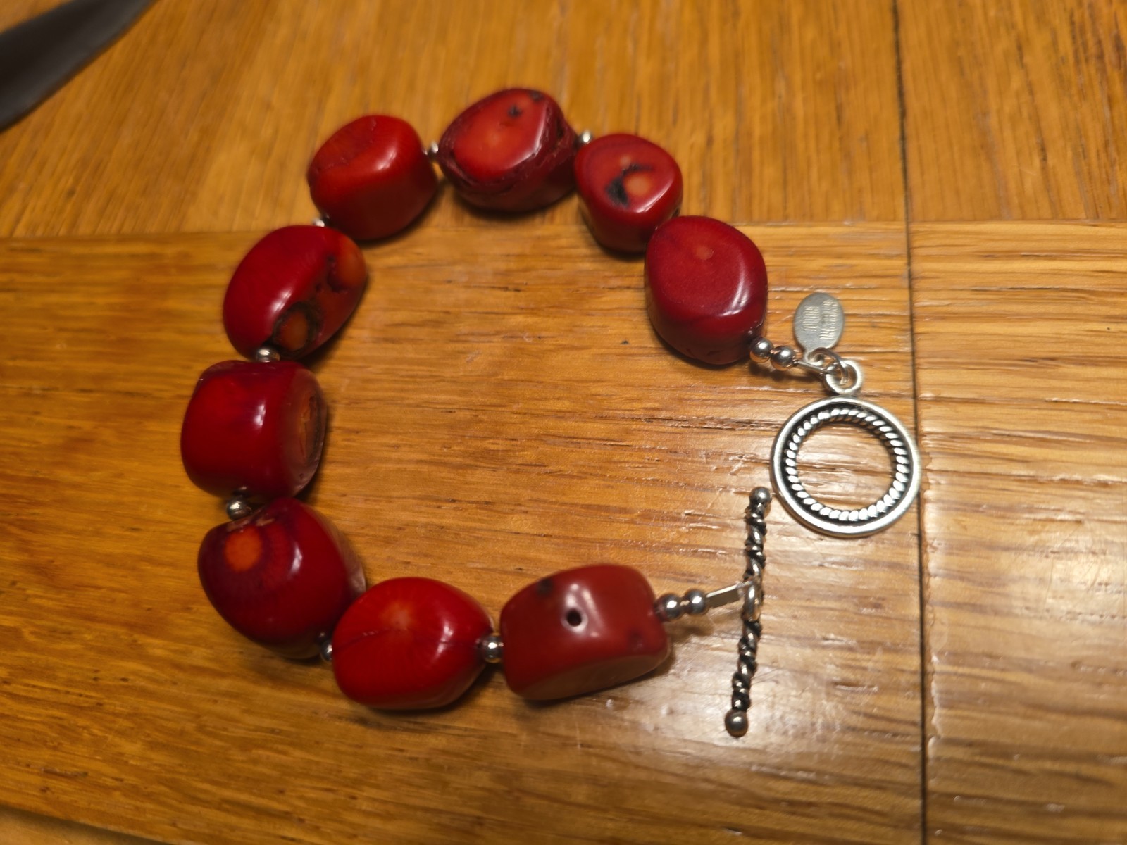 Donna Dressler, Coral Bracelet Silver Tone Toggle Clasp Polished Untreated