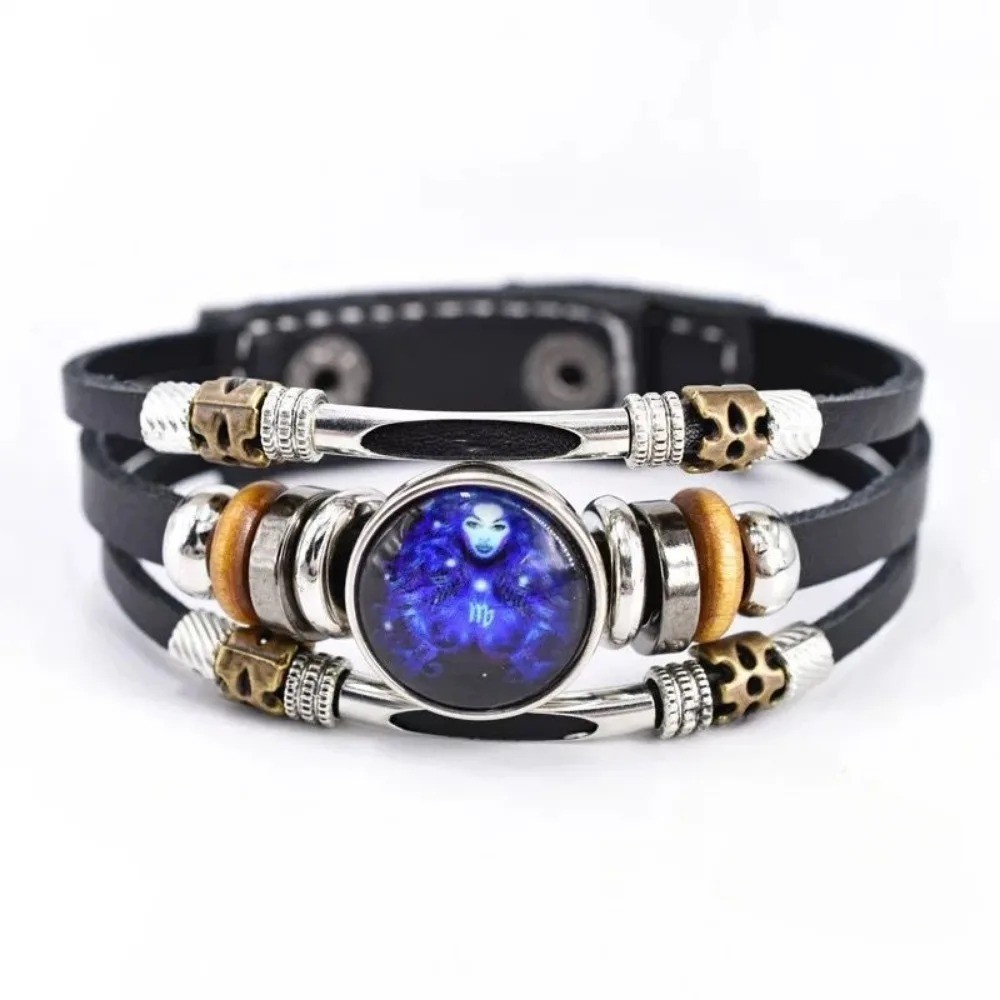Zodiac Signs Spirit Bracelet, Beaded 12 Constellation Zodiac Leather Bracelet