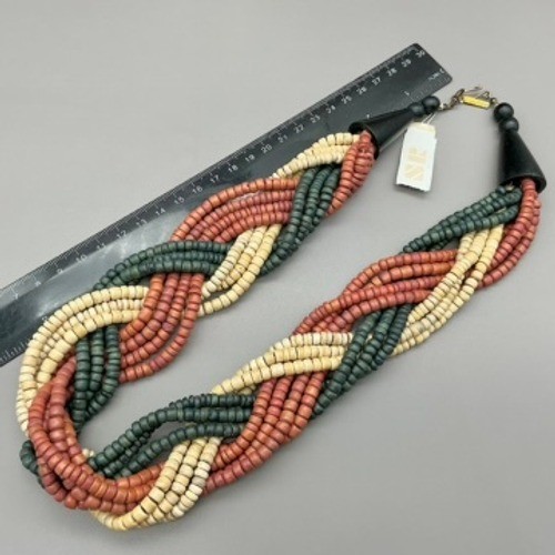 Casual Corner Necklace Womens Multicolor Braided Wood Bead Statement 20 Inch