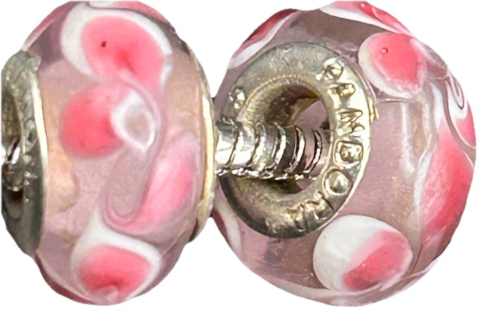 2 Pandora 925 Silver Pink Floral Petals Murano Glass Bead Charms Clear, White