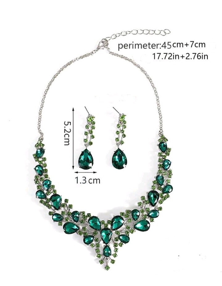 Silver-Plated Zinc With Green Rhinestones Necklace And Earrings Set