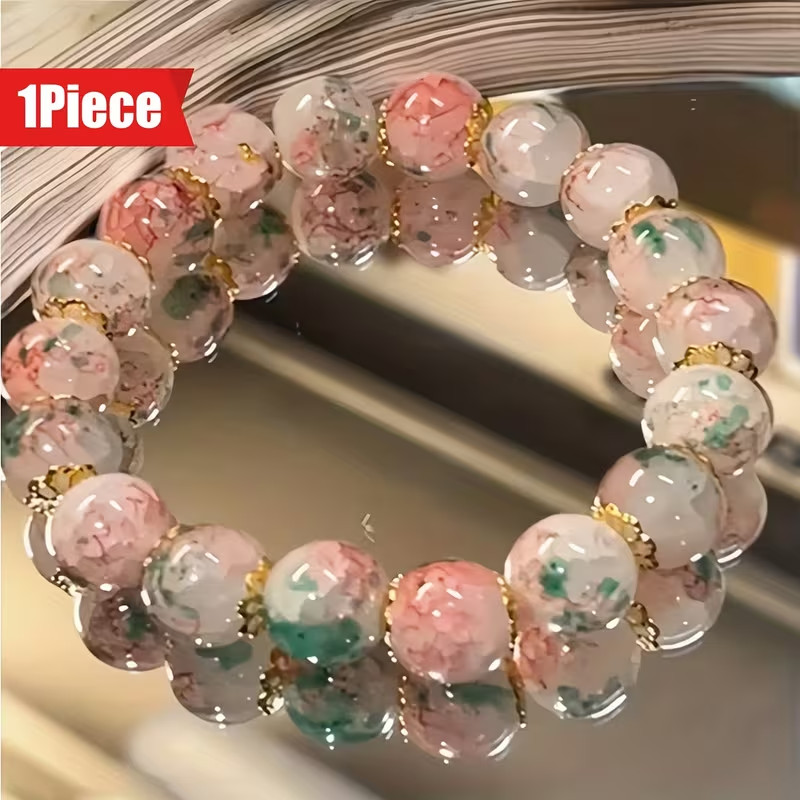 Sweet & Cute Cherry Blossom Glass Bead Bracelet Stretchable about 7-8 inch