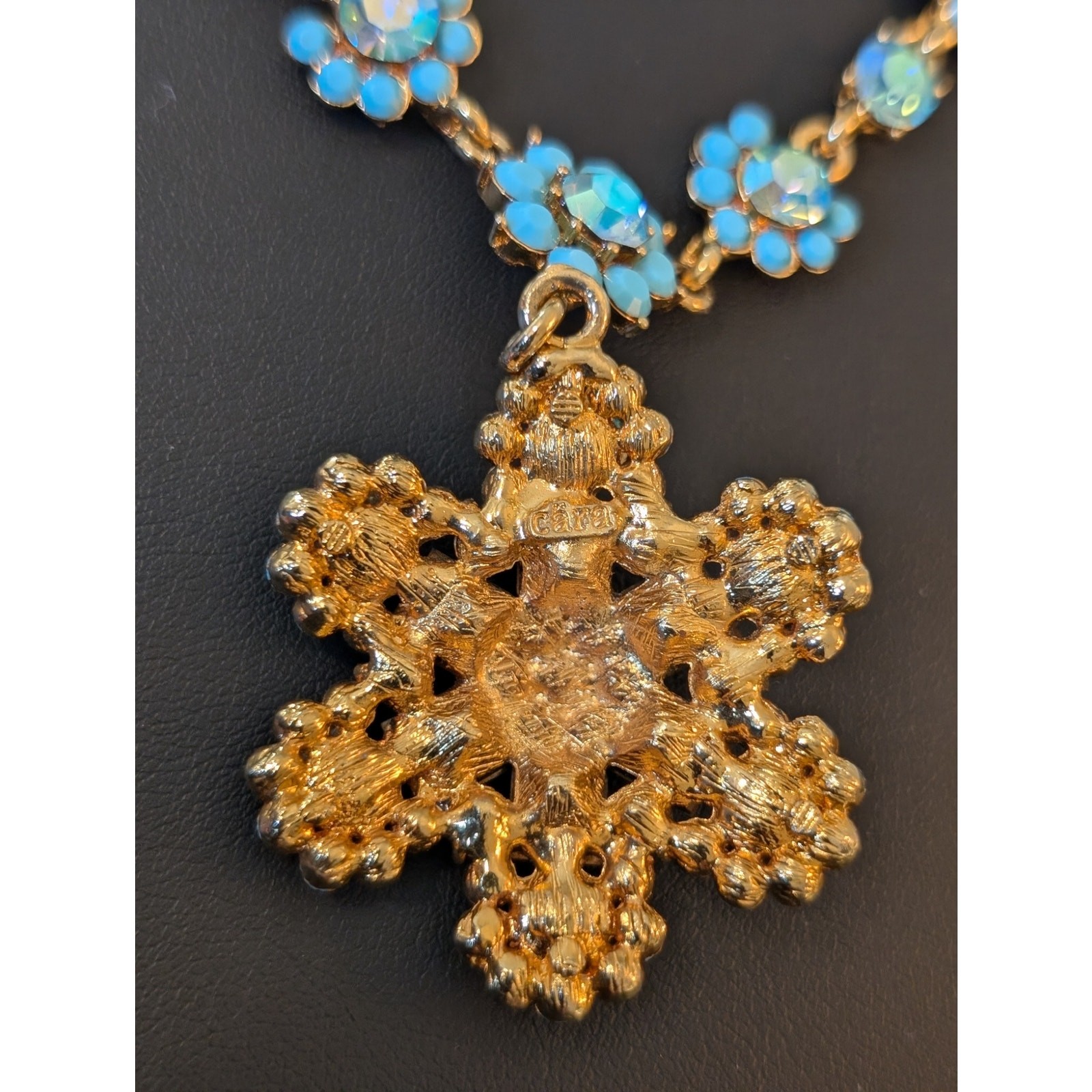 Authentic Cara Blue AB Crystal Gold Tone Pendant 16″ – 20.5″ Necklace