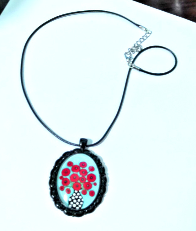 Pretty Vase of Poppies Large Medallion Style Necklace