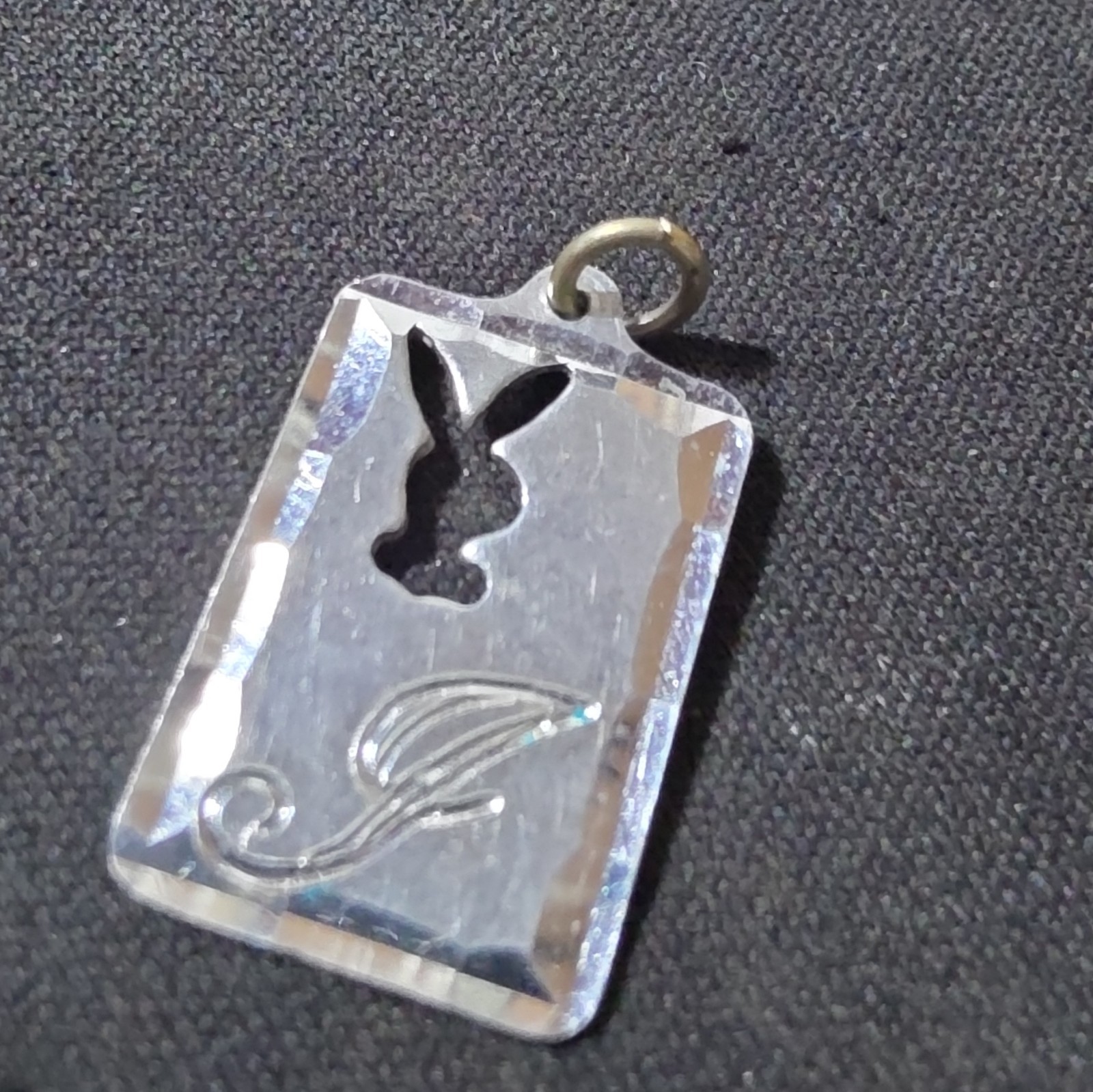 Silver Tone Rectangular Engraved Bunny Cutout Charm Pendant Metal
