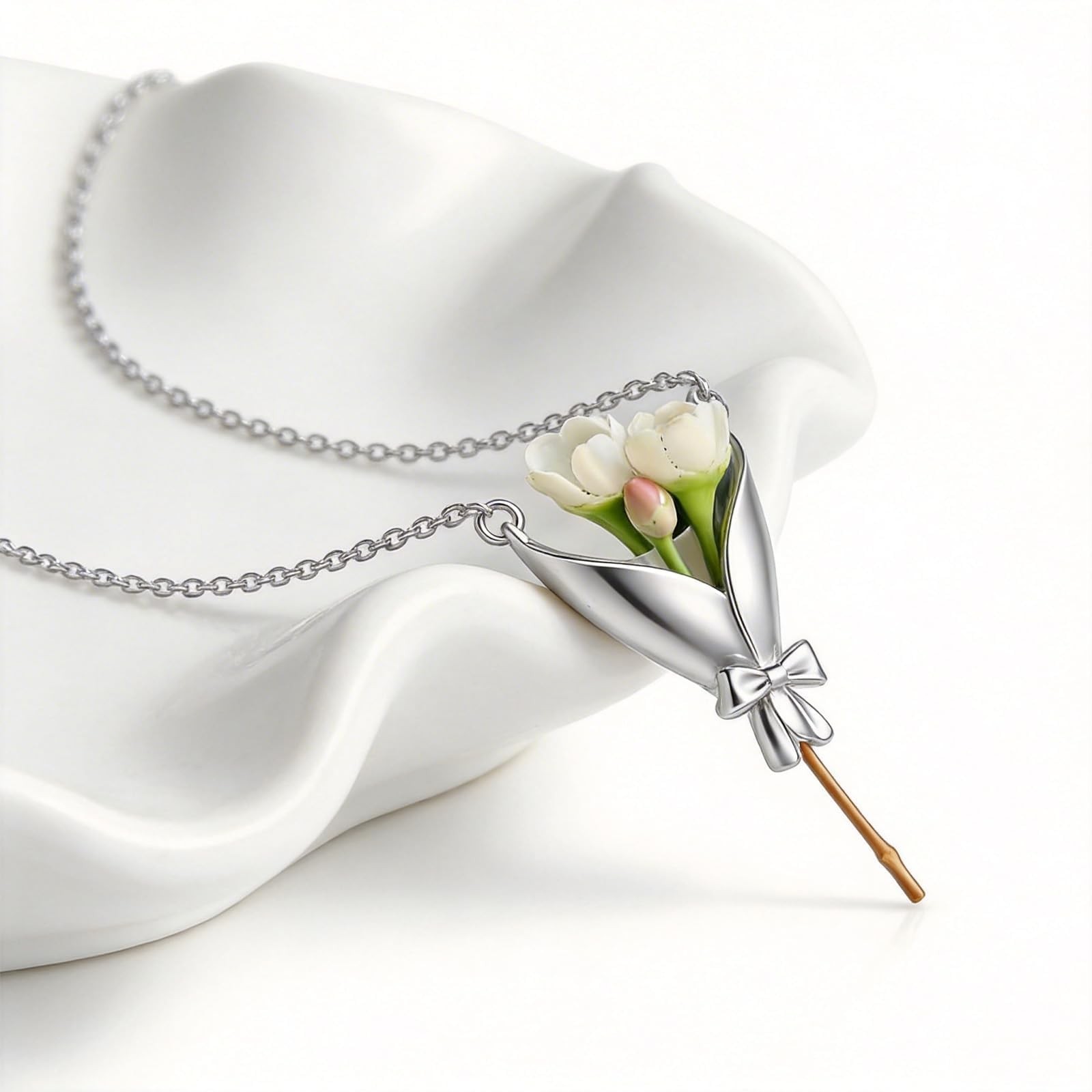 Mothers Day Gift Silver Flower Holder Necklace Jewelry For Mom Women For Her