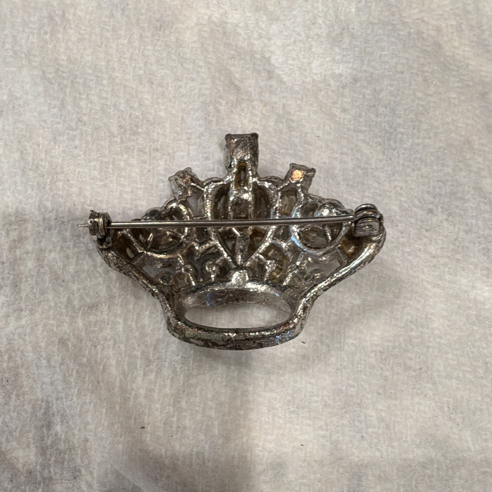 Silver Tone Crown Brooch Pin w/ Clear & Purple Crystal Rhinestones