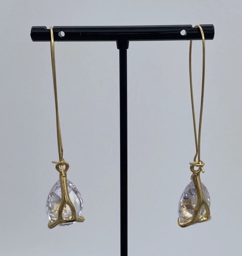 Vintage Gold Tone Pear Shaped Clear Crystal Kidney Wire Dangle Drop Earrings