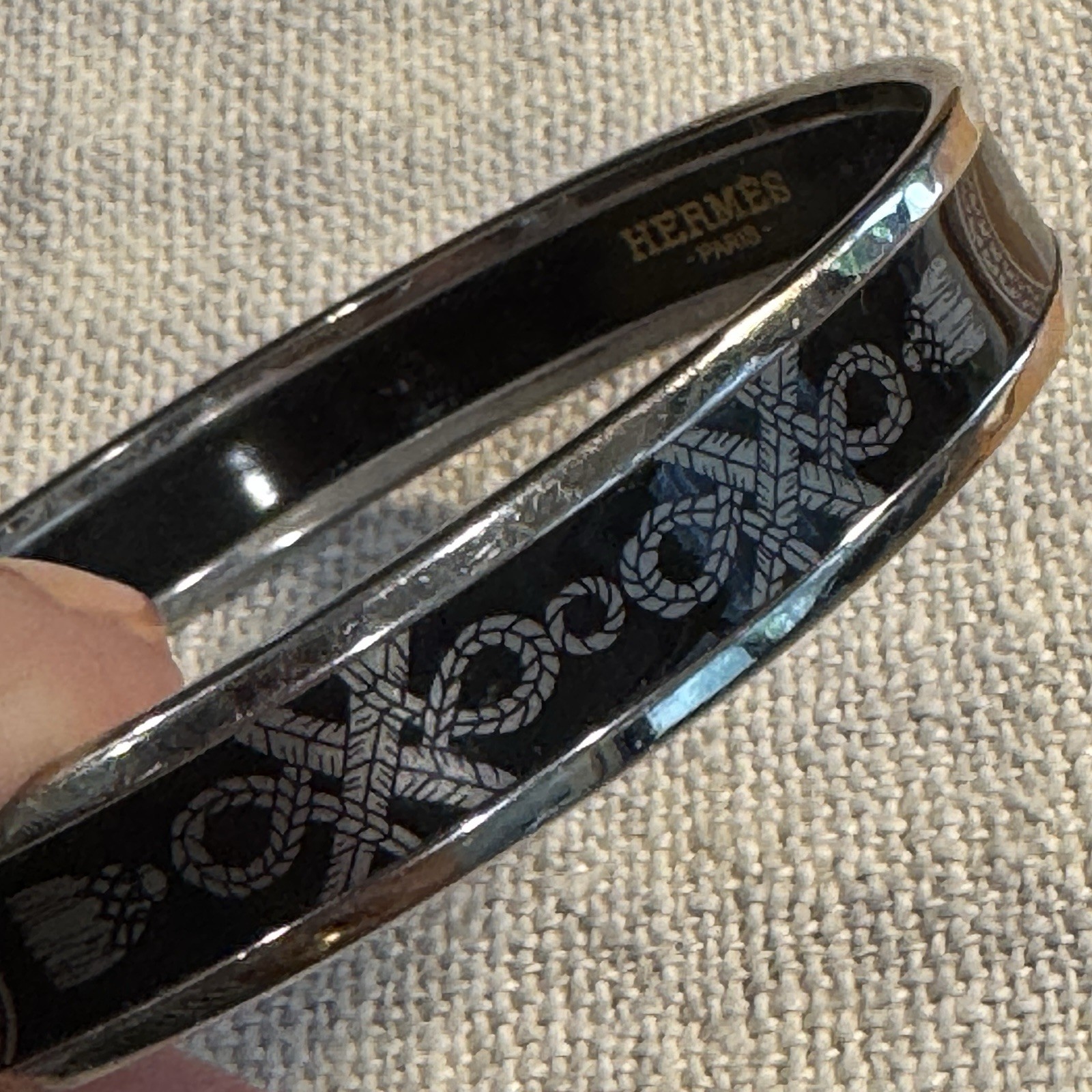 Hermes Printed Enamel Bangle 70 Silver Finish – Black & Silver