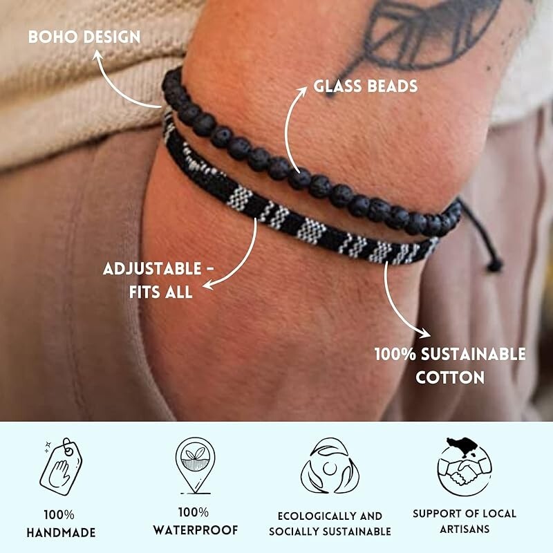 2pcs Handmade Natural Lava Rock Stone Surfer Rope Braided Bracelet Boho Gift